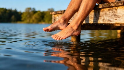 Fototapeta premium Bare male feet and legs dripping water, dangling from a weathered wooden dock into the calm, dark blue lake creating concentric ripples during warm golden hour light.