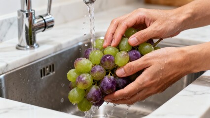 Hands rinsing fresh mixed green and purple table grapes beneath running tap water in a kitchen sink.