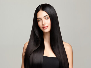 The woman with long straight hair is looking straight ahead