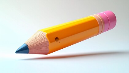 A sharp yellow graphite pencil and eraser tool isolated on white paper for school education, business office writing, and creative art drawing design