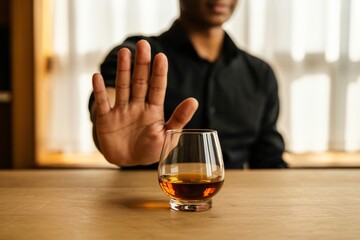 A person holds up a hand in a firm gesture of refusal towards a glass of amber alcohol. The focus is on the hand and the glass, symbolizing sobriety or a decision not to drink.