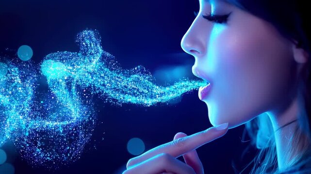 Ethereal woman profile blue neon light with digital particles, glitter, breath and fantasy magic bokeh, sensual mood, lips, mouth, finger