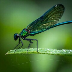Metallic emerald damselfly rests on a dew-kissed green leaf, thin spider silk below. Close, beautiful, detailed shot