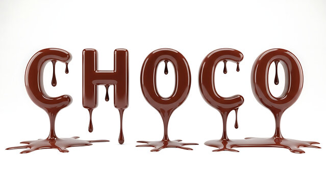 3D rendered word CHOCO made of melting chocolate letters with drips and puddles on a white background.