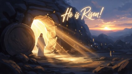 Obraz premium Illustration of Jesus exiting a tomb with glowing light, proclaiming He is Risen. Easter resurrection and spiritual concept for religious celebration.