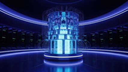 Futuristic data center with glowing blue core and server racks