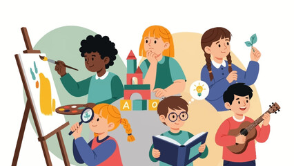 Diverse group of children engaging in various creative activities together. © Abhinaya Project