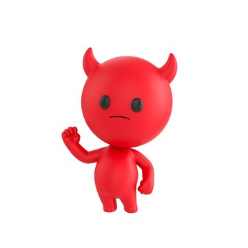 Cute 3D render Red Devil character raising one fist to show confidence, success, and happiness, isolated on white background.