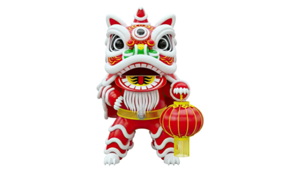 3D Rendered Chinese Lion Dance Figure with Lantern