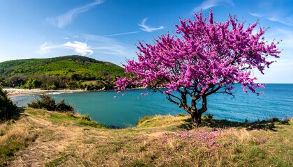 A vibrant tree with pink flowers on a grassy hill overlooking a serene body of water