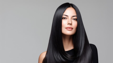 The woman with long straight hair is looking straight ahead