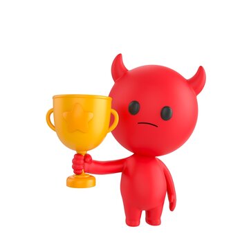 Cute 3D render Red Devil character standing and holding up a trophy, proud and celebratory pose, isolated on white background.