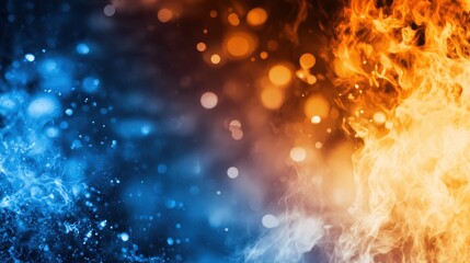 Abstract image blending blue icy tones with orange fiery glow, featuring bokeh lights and soft gradient. aura