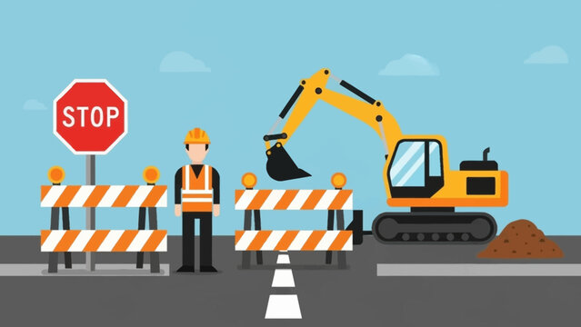 Road construction site with barriers and excavator.