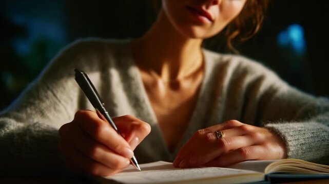 A focused moment of creativity captured in a serene setting, showcasing a woman deeply engaged in the art of writing, illustrating the beauty of self-expression through handwritten notes and