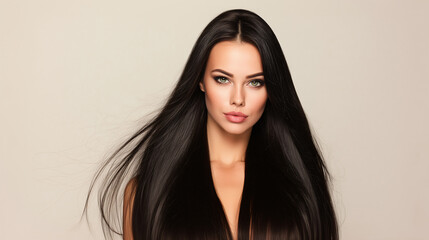 The woman with long straight hair is looking straight ahead