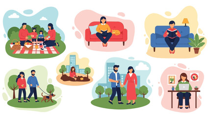 Obraz premium People engaging in various leisure activities outdoors and indoors.