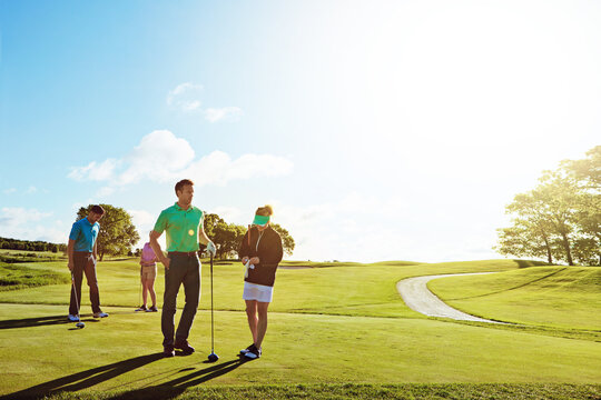 Couple of friends, game and round at golf course, challenge and space with partner, talk or contest on green. People, group and outdoor in summer for tee, sky and bonding on date at sports club - Powered by Adobe