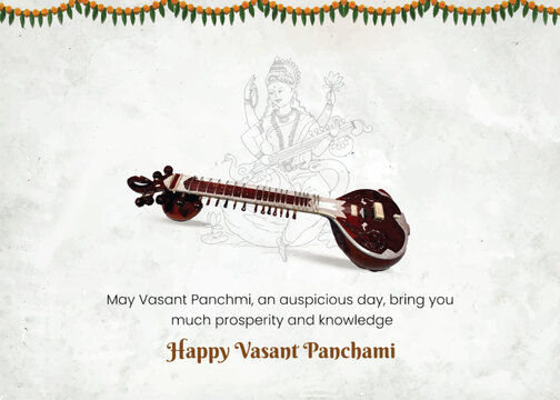 Happy Vasant Panchami with Maa Saraswati Veena Illustration