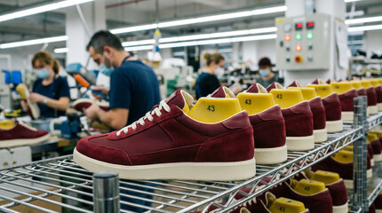 Burgundy sneakers on a factory production line, with skilled workers meticulously crafting footwear in a modern manufacturing facility