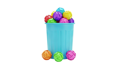Blue trash can overflowing with colorful crumpled paper balls