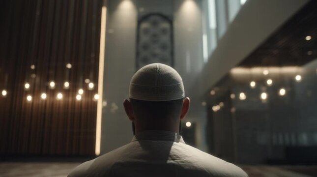 Man praying inside mosque religious ritual and spirituality focus