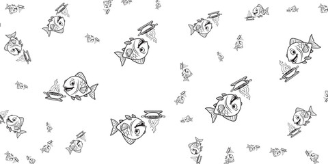 Fototapeta premium Whimsical Underwater Scene with Playful Fish and Bubbles - A Simple Black and White Illustration