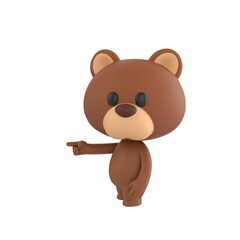 Obraz premium Cute 3D render Brown Bear character pointing to the side while facing the camera, one hand relaxed at the side, friendly and confident mascot style, isolated on white background.