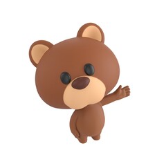 Cute 3D render Brown Bear character looking up at the camera while gesturing to the side with one hand, friendly and welcoming pose, isolated on white background.