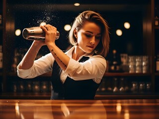 Professional Female Bartender Shaking Cocktail Shaker Behind Bar Counter at Night with Dramatic Lighting and Motion Blur in Modern Upscale Restaurant
