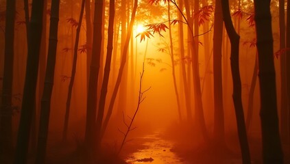 An orangehued forest scene Tall slender trees frame a sunlit pathway Red leaves appear on branches