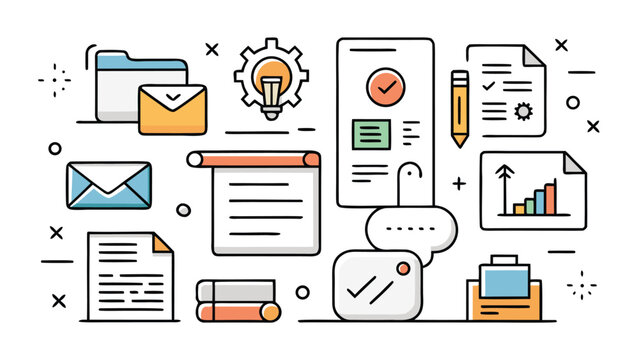 Document icons featuring various designs on a blue background, illustrating a range of file formats and styles..eps