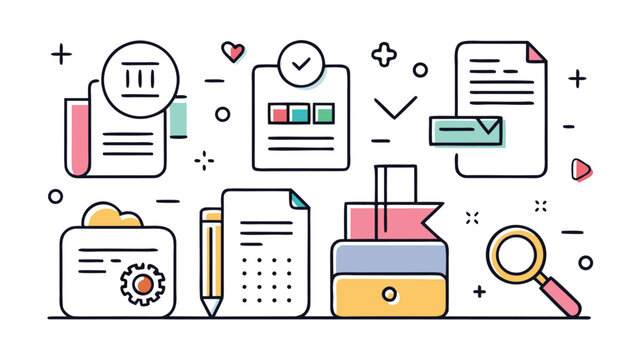 Collection of document icons arranged on a blue background, representing different types of files and documents..eps