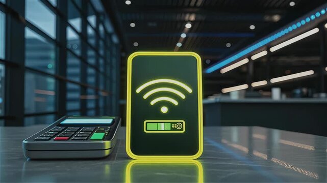 Contactless payment terminal with wireless signal icon and digital card reader showing battery technology for fast modern transactions indoor setting