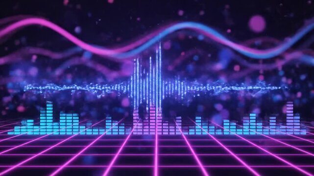 Visual representation of sound waveforms and frequency analysis in a futuristic digital environment