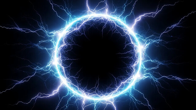 Abstract blue electric portal with energy discharge on black background