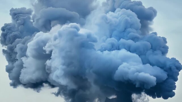 A volcano erupting with thick, dark smoke billowing into the sky against a pale background. 4k Video footage.