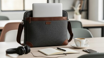 Stylish laptop bag on office desk with headphones, notebook, coffee cup, and phone for modern work environment