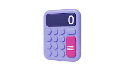 A modern 3D calculator in soft purple with rounded buttons pink equals key showing zero on dark screen isolated black background soft light