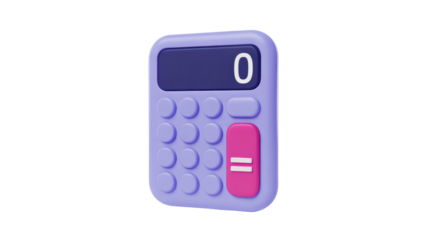 A modern 3D calculator in soft purple with rounded buttons pink equals key showing zero on dark screen isolated black background soft light
