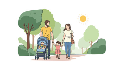 A happy family with two young children, one in a stroller, taking a leisurely walk together in a green park on a sunny day.
