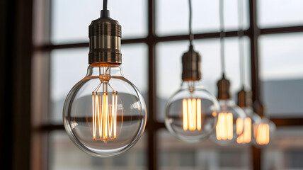 Warm glowing vintage style Edison LED light bulbs hang gracefully indoors with natural light from a window creating a co