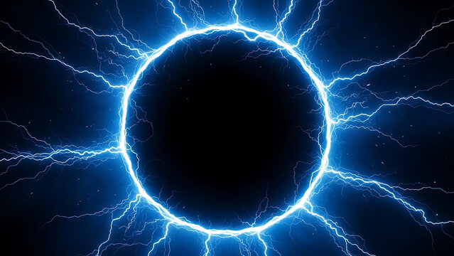 Circular electric energy portal with blue lightning discharge on black background
