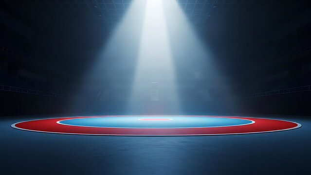 Wrestling ring mat with red and blue circles under bright arena spotlight - Powered by Adobe
