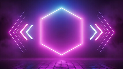 Futuristic neon hexagon frame with glowing arrows in a dark misty room.