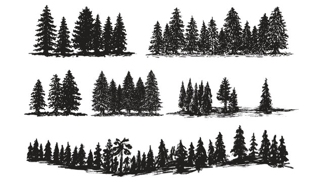 Forest tree vector set, hand drawn illustration of pine trees and fir trees, black and white sketch art
