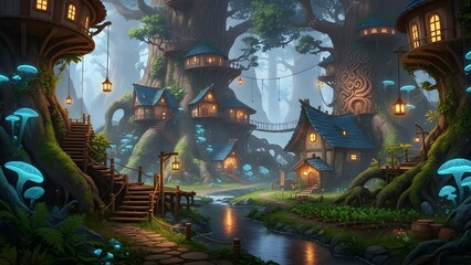 Fototapeta premium Enchanted Tree Village Fantasy Landscape Glowing Mushrooms Forest Home