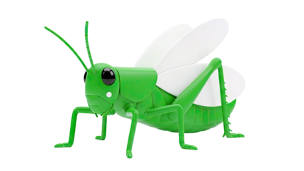 Green cartoon grasshopper with white wings on a white background