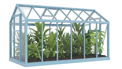 Blue Greenhouse with Lush Green Plants