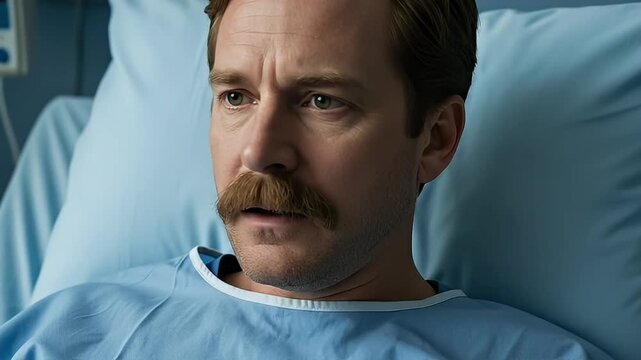 Man with mustache in hospital bed looking concerned.